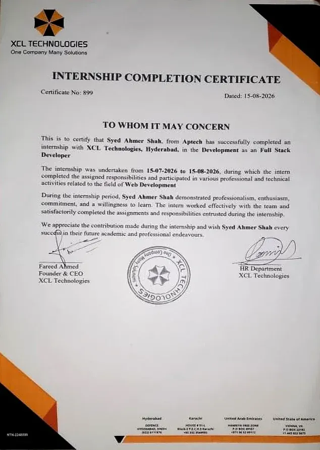 XCL Technologies internship completion certificate No. 899 for Syed Ahmer Shah, Full Stack Developer, 15 July to 15 August 2026