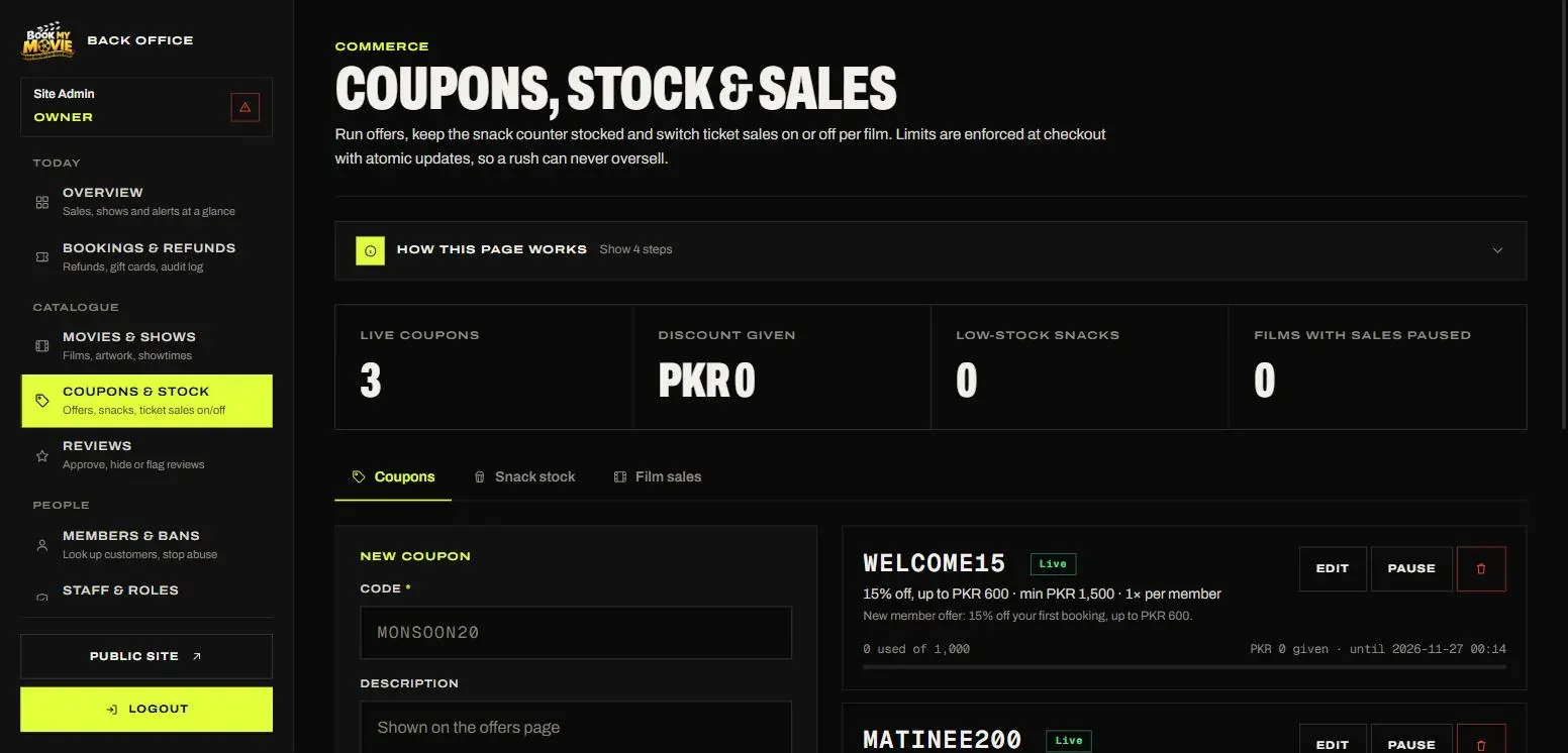 Coupons & stock — hard use limits and snack stock