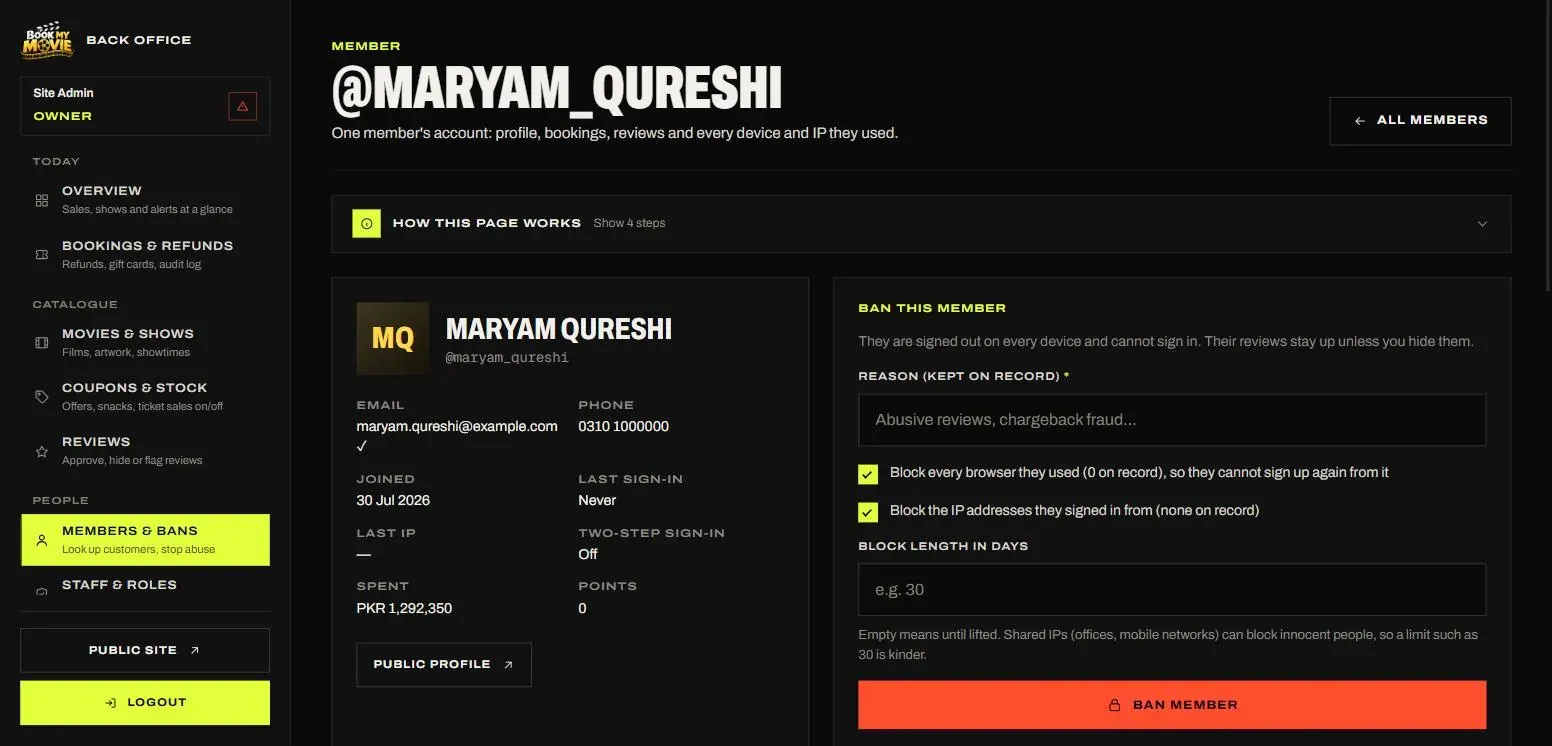 Member detail — bans cover the account, IPs and browsers