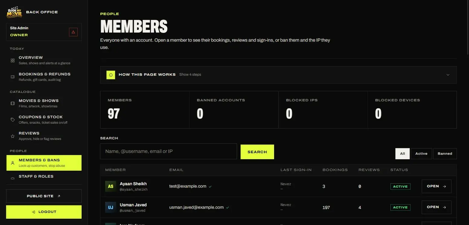 Members — search, status filters and bans