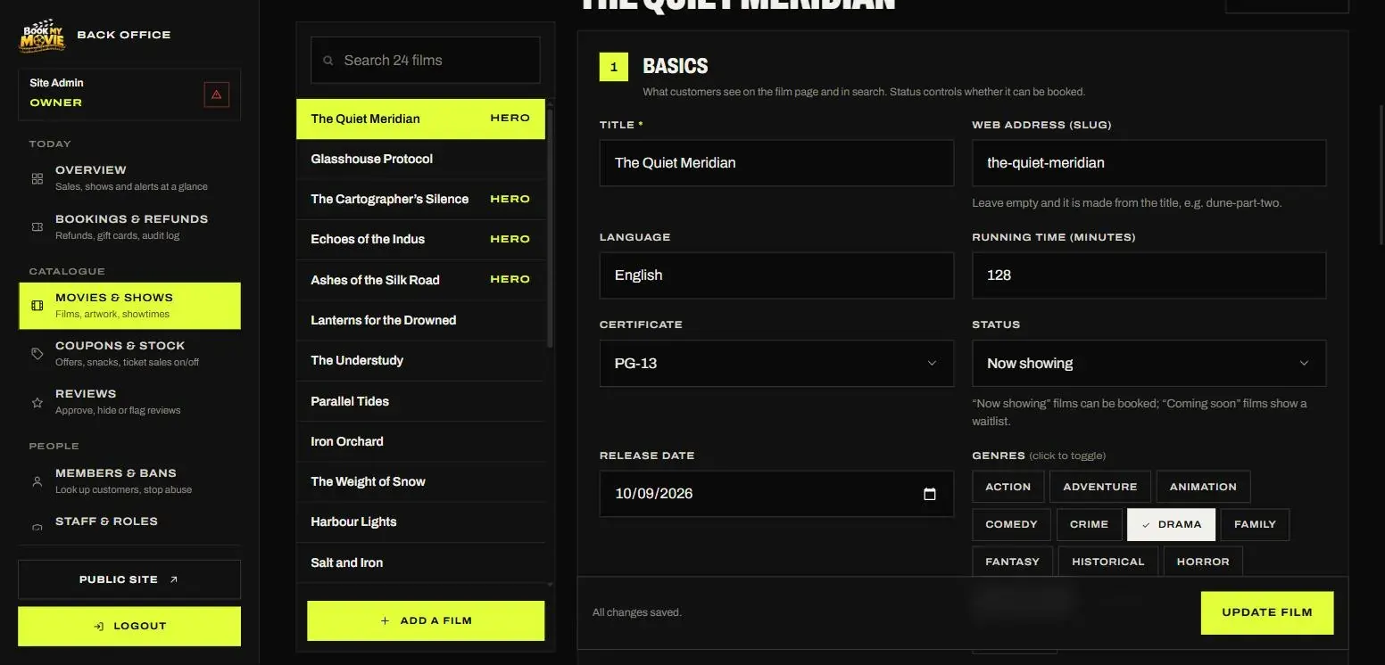 Film editor — numbered sections, example placeholders, one save bar