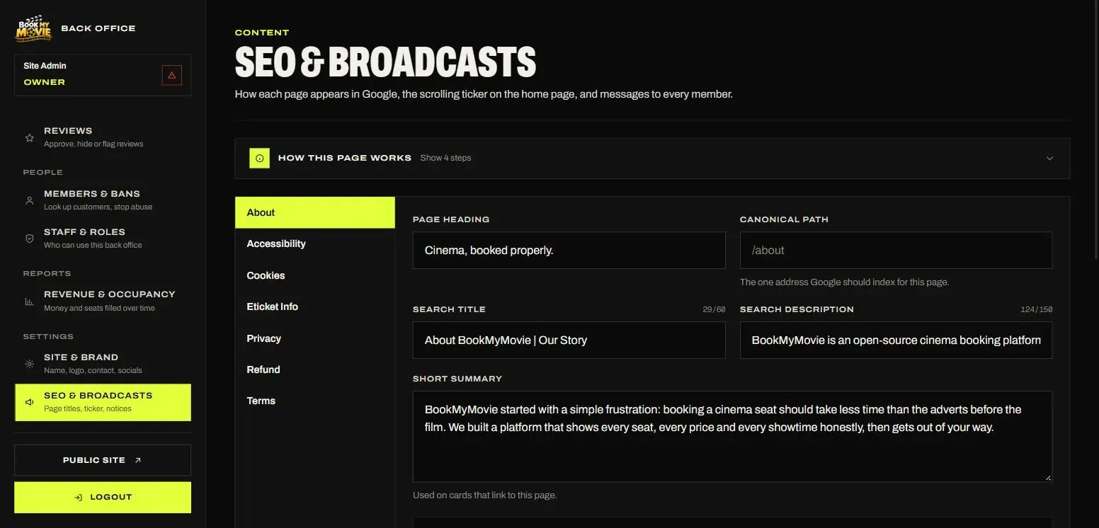 SEO & broadcasts — titles and descriptions per page