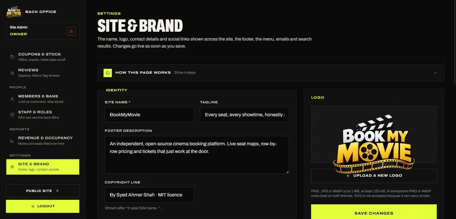 Site & brand — name, logo, contact and socials