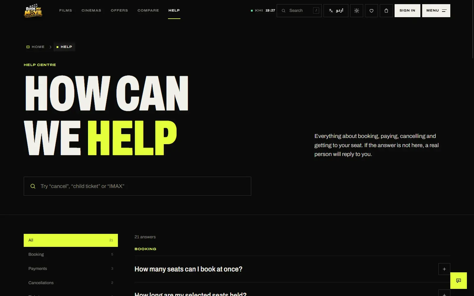 Help centre — searchable answers grouped by topic