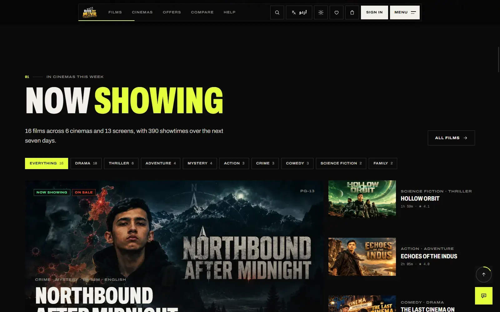 Now showing — genre chips and a featured film