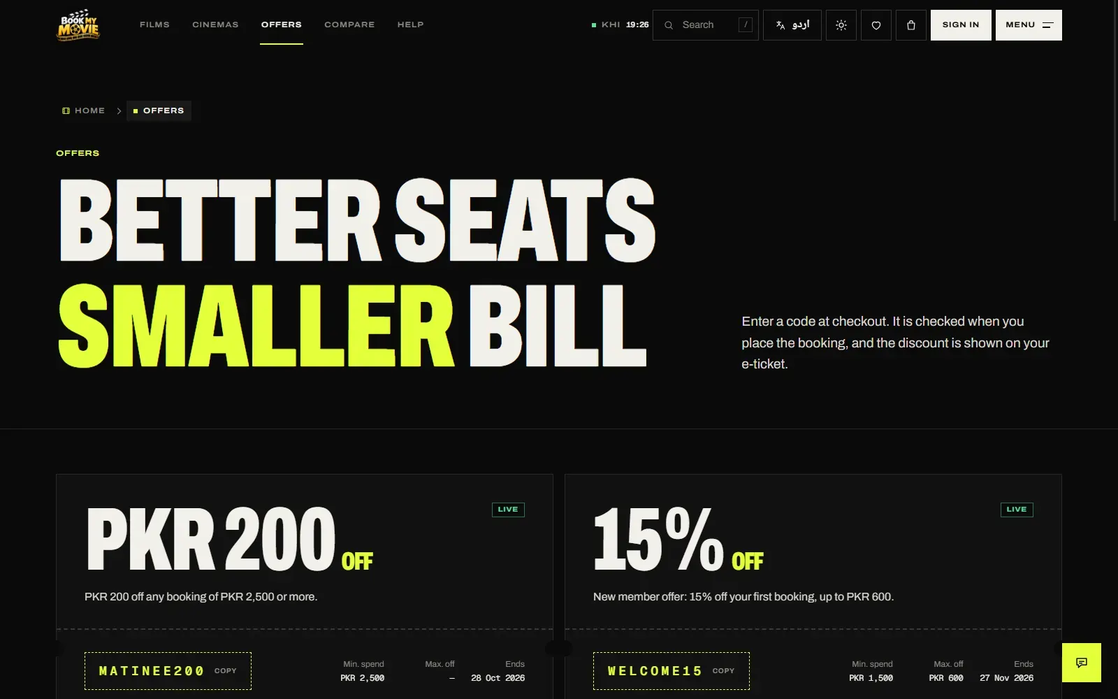 Offers — live coupon codes as tear-off tickets