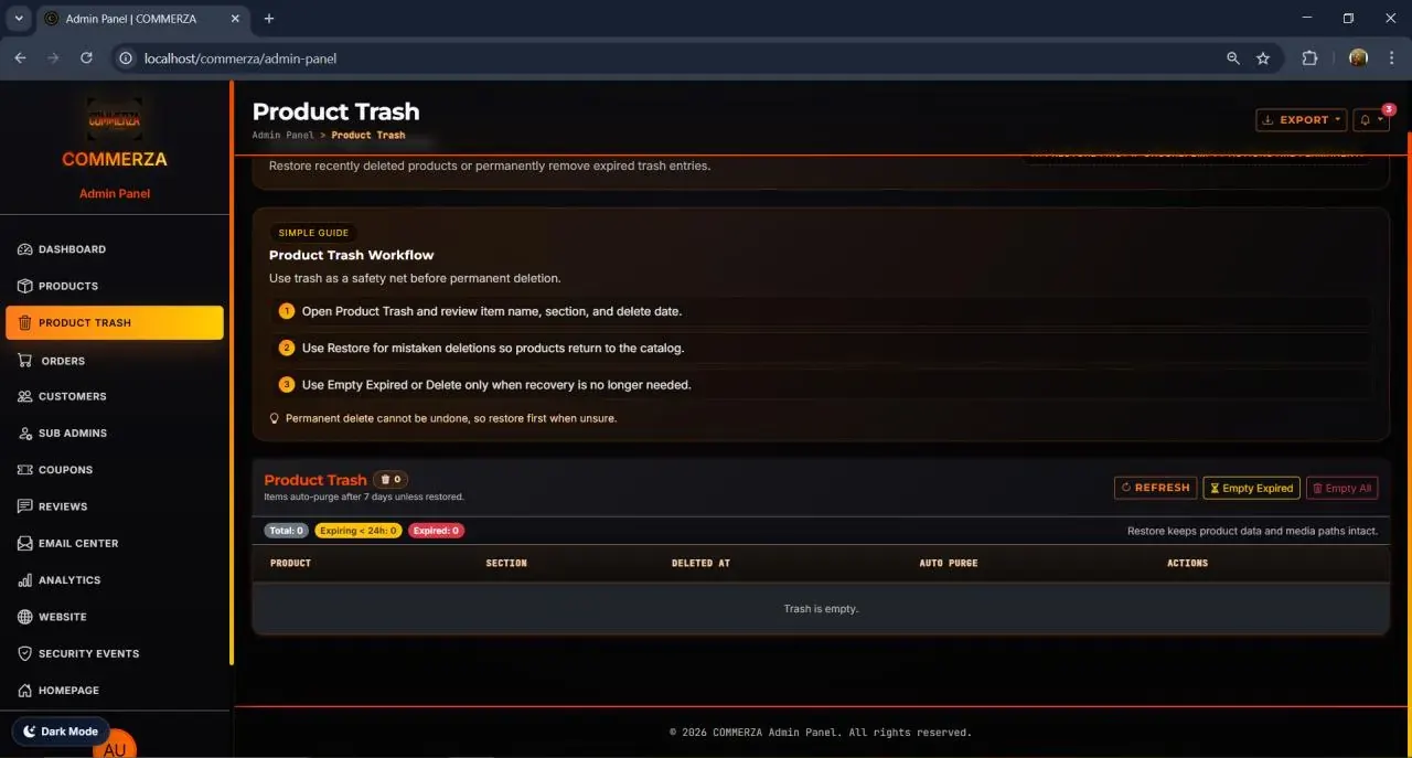 Product trash — soft delete and restore
