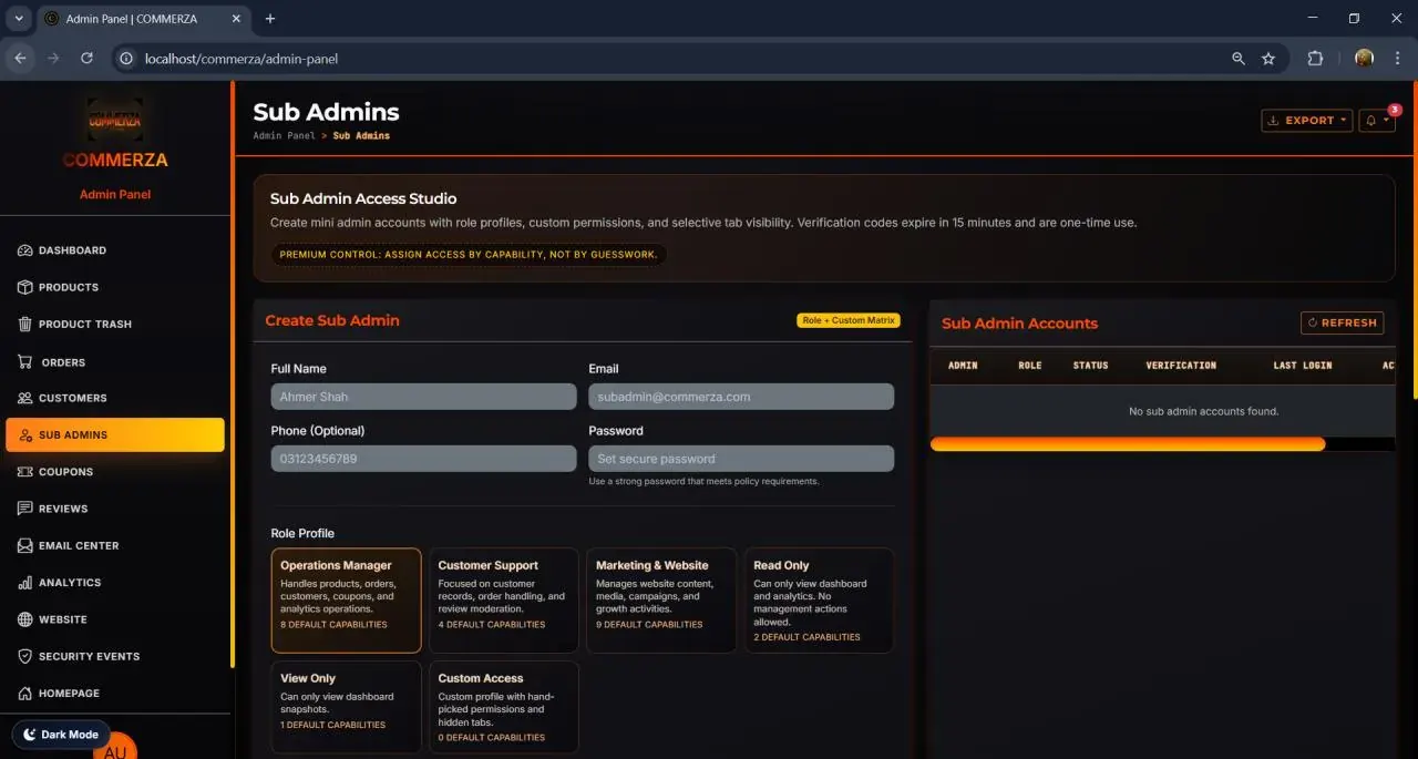 Sub-admins — modular role profiles