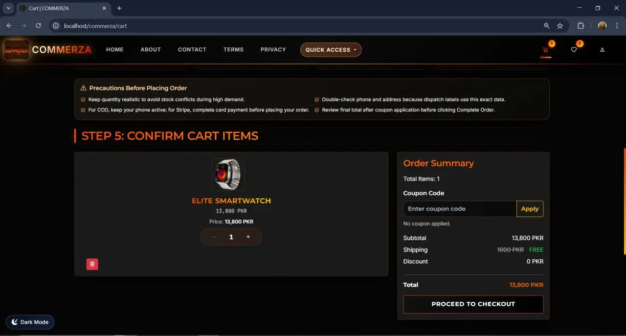 Cart — stock-checked quantities and coupons