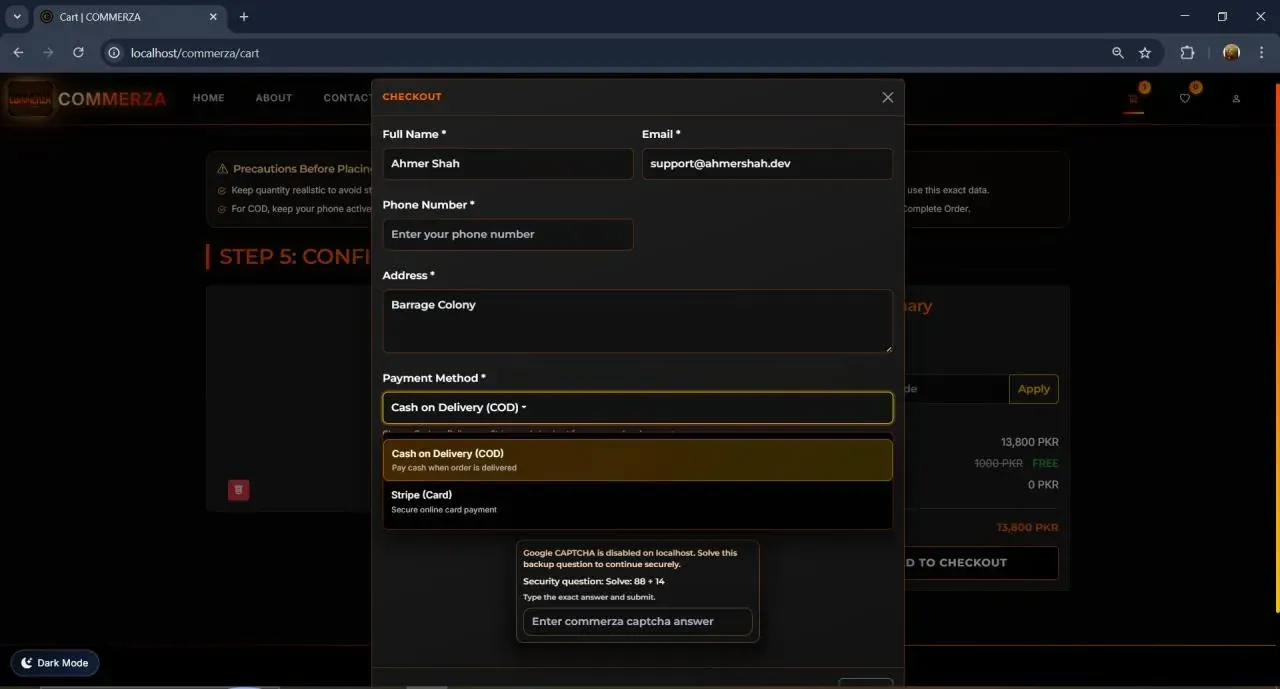 Checkout — COD / Stripe with reCAPTCHA fallback