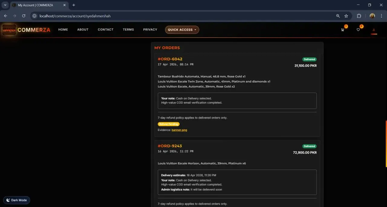 Order history — with COD verification state