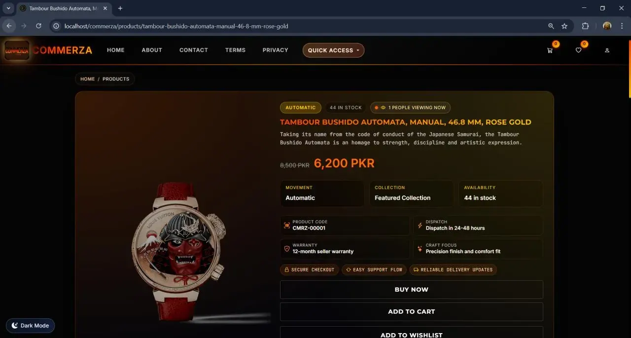 Product page — gallery, variants, add to cart
