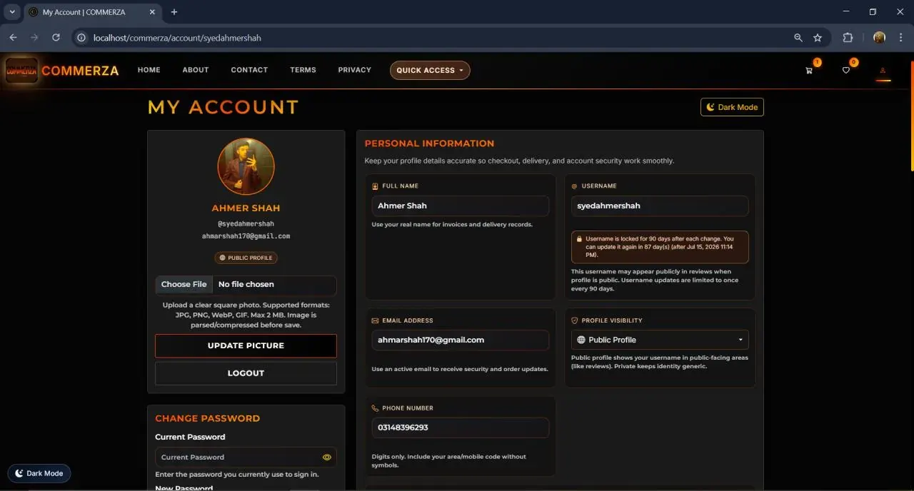 Account — profile, addresses, security