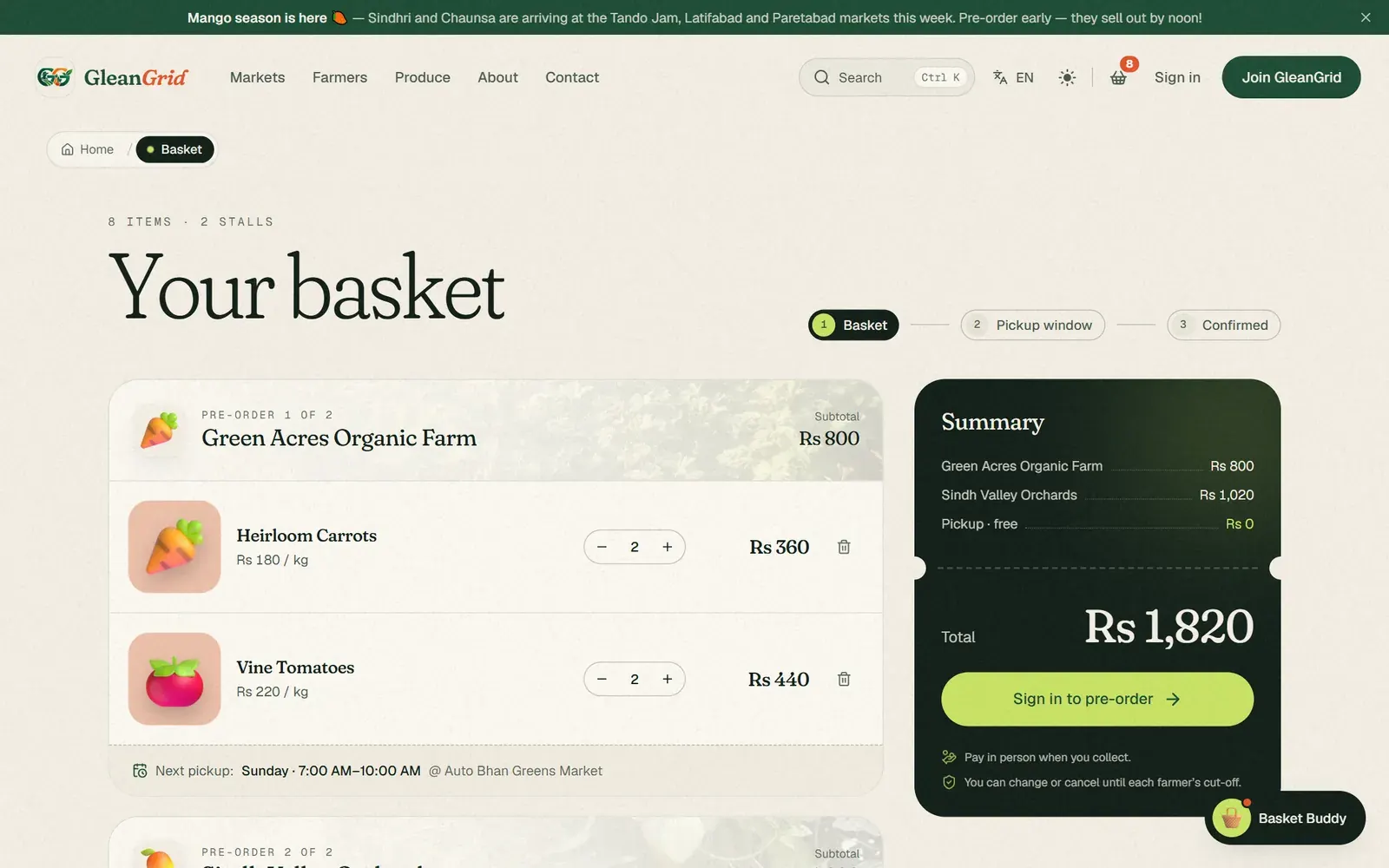 Basket — one pre-order per stall, next pickup shown, undo on remove