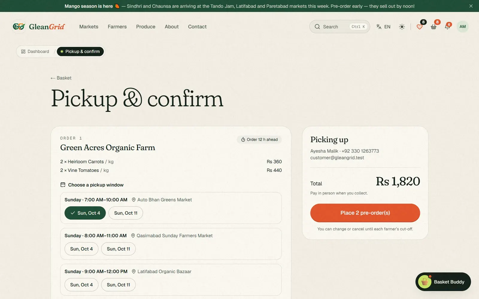 Checkout — pickup window and coupon per stall
