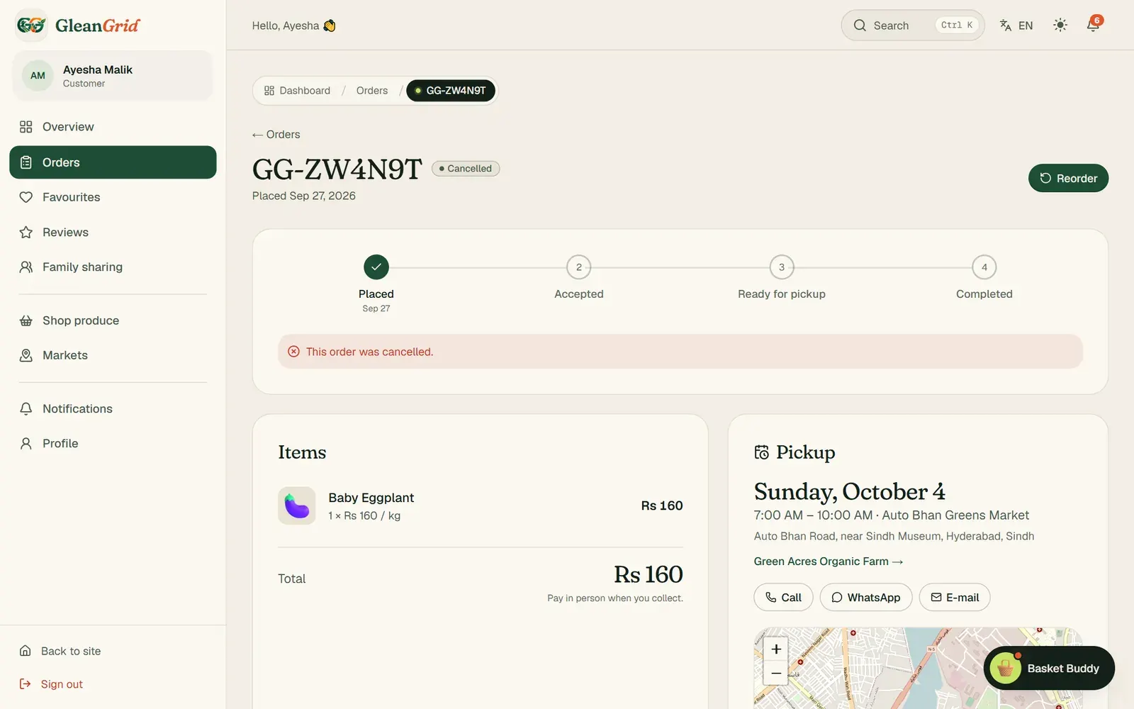 Order — status timeline, pickup details and farmer contact