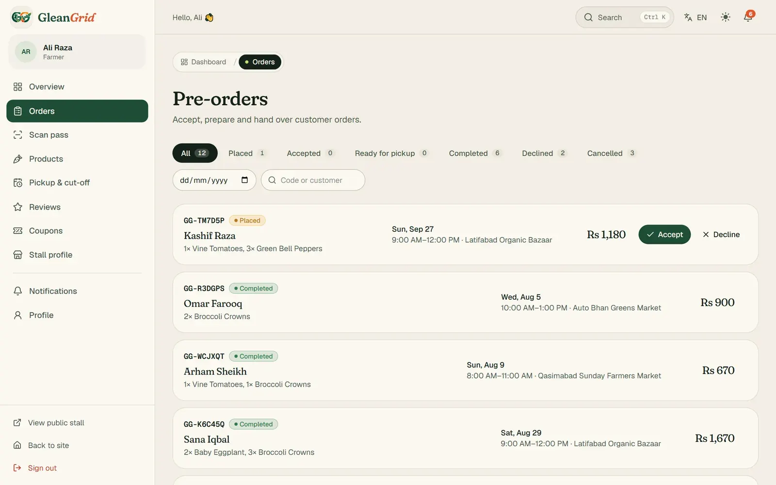 Pre-orders — accept, decline with a note, mark ready