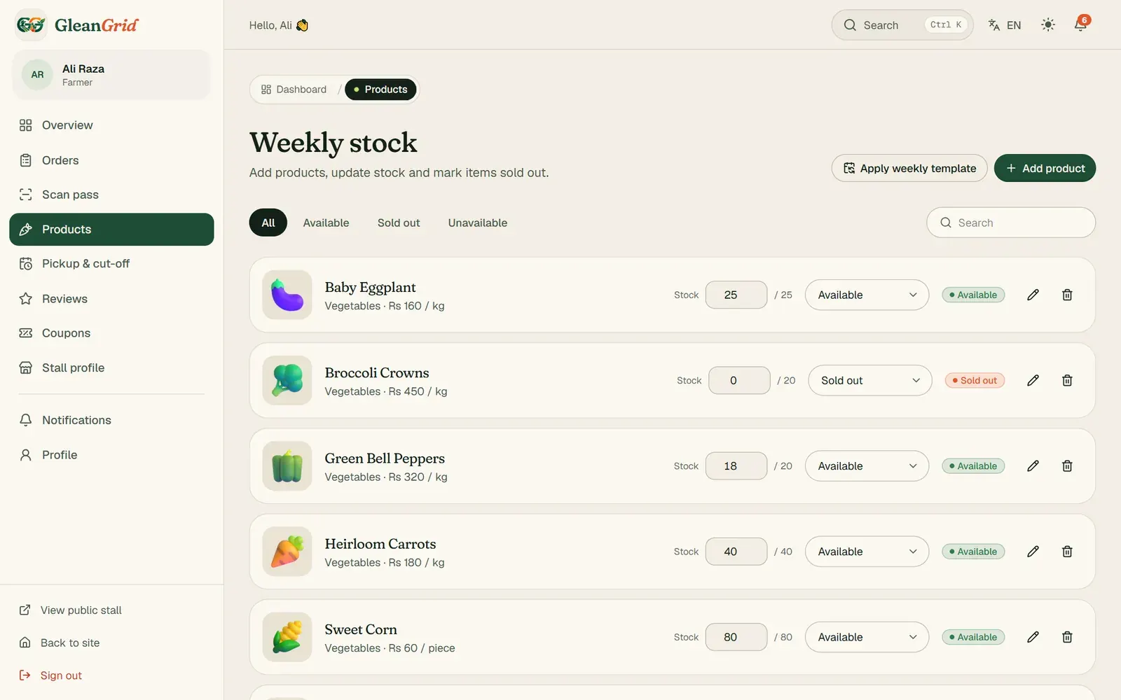 Weekly stock — photos, sold-out states and a weekly template