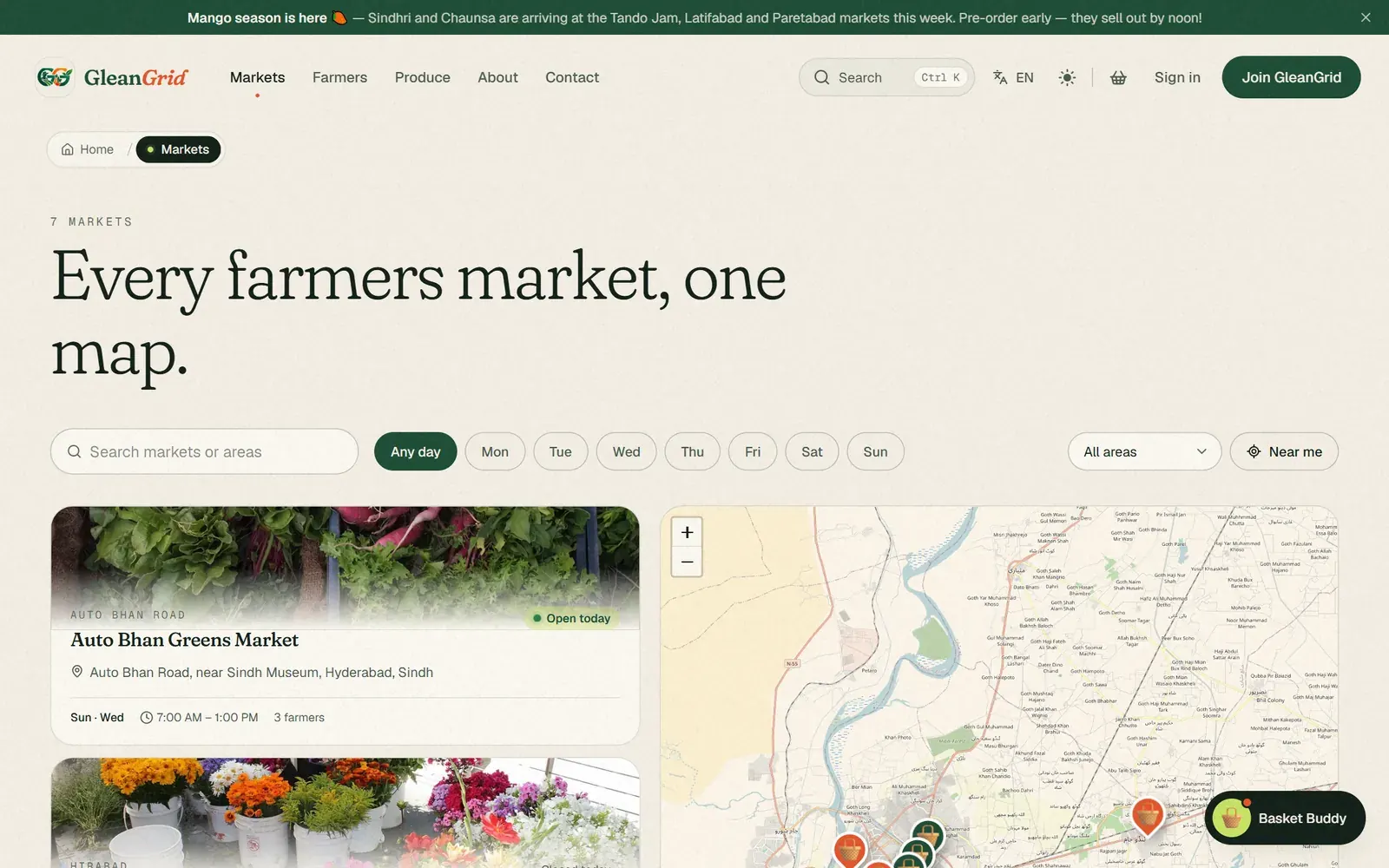 Markets — every market on a live map with days and timings