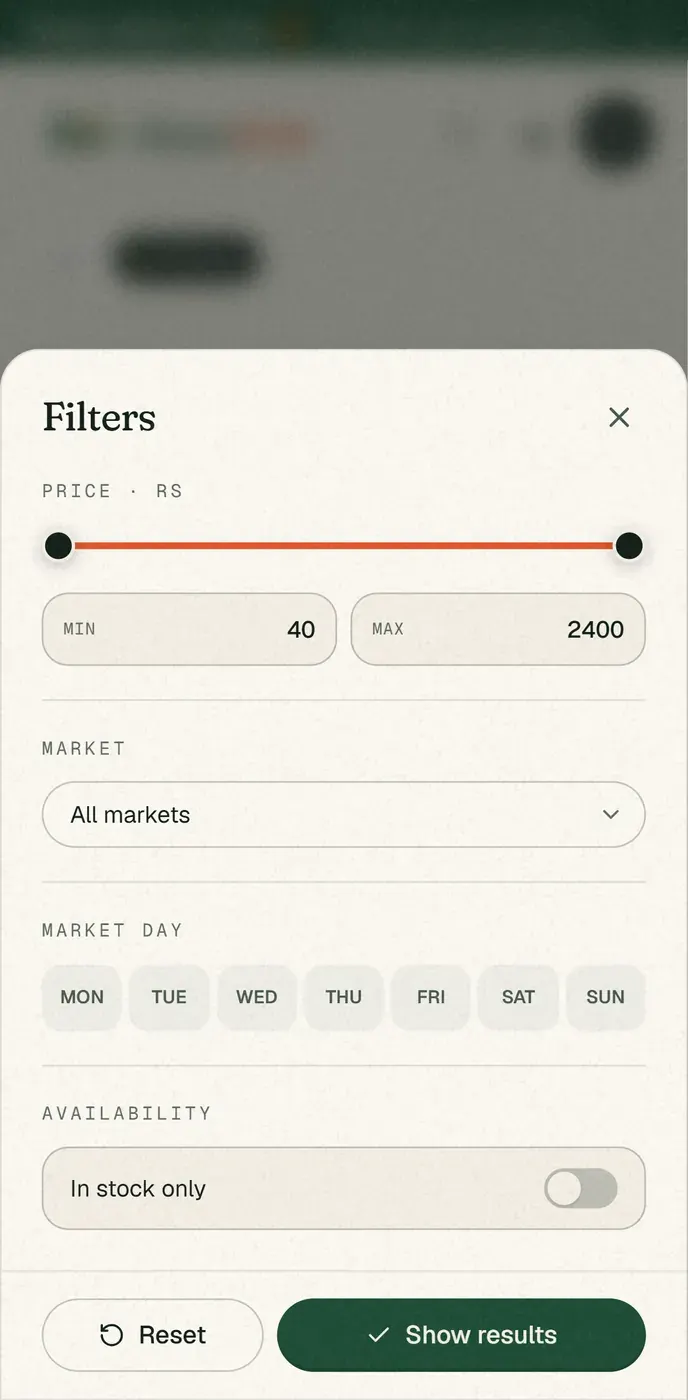 Mobile — filters in a bottom sheet with Reset and Show results