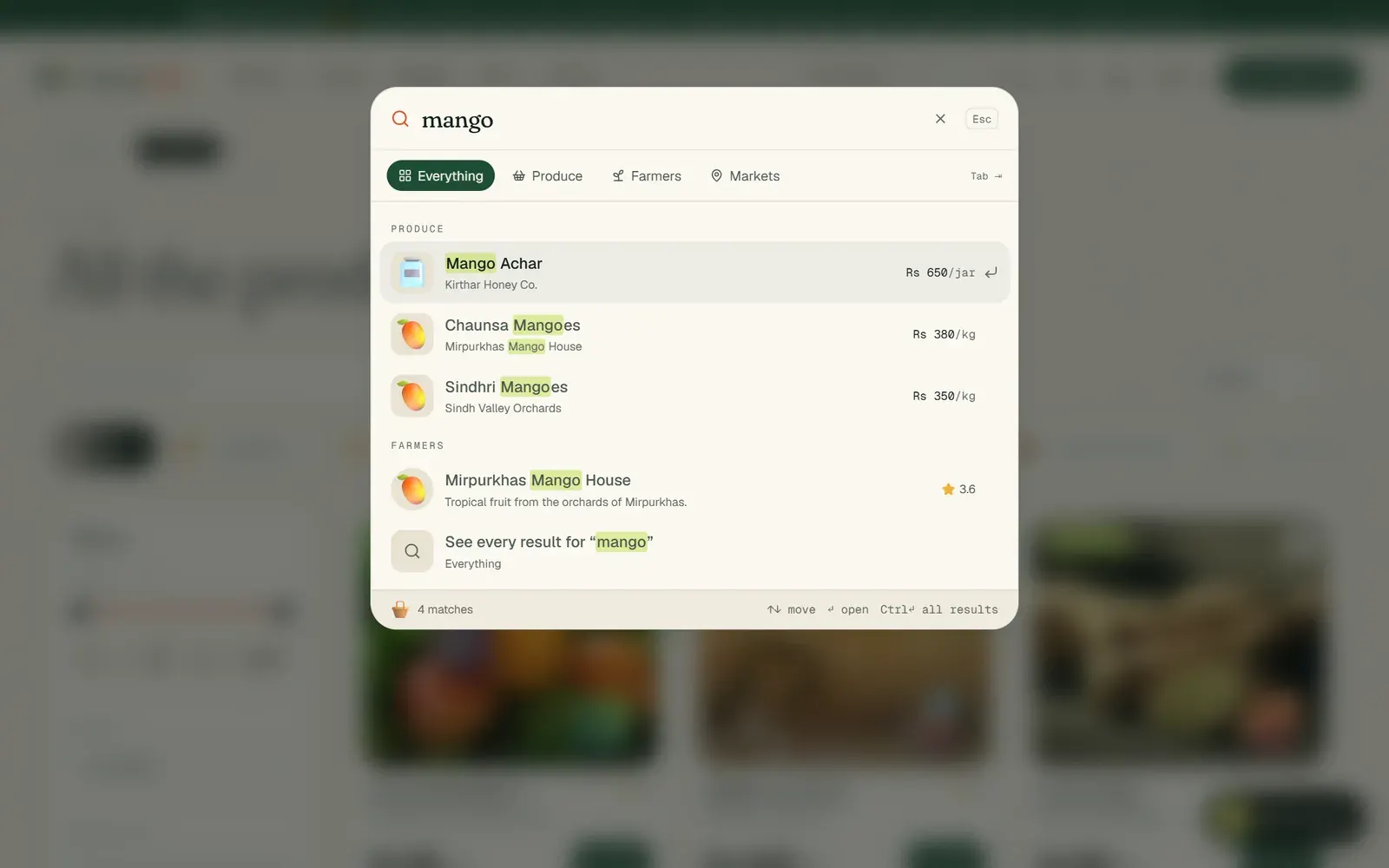 Search — Ctrl K palette with grouped, highlighted results