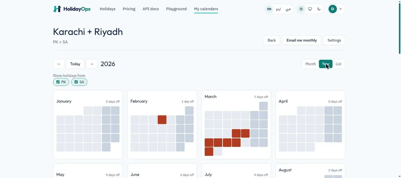 Company calendar — two countries merged in one year view