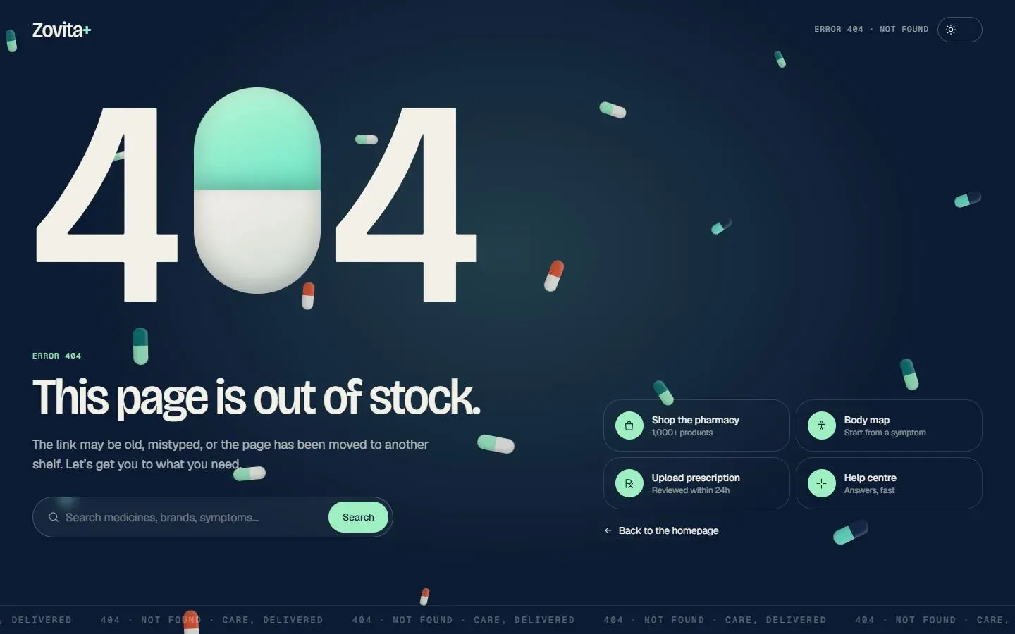 404 — search and shortcuts instead of a dead end