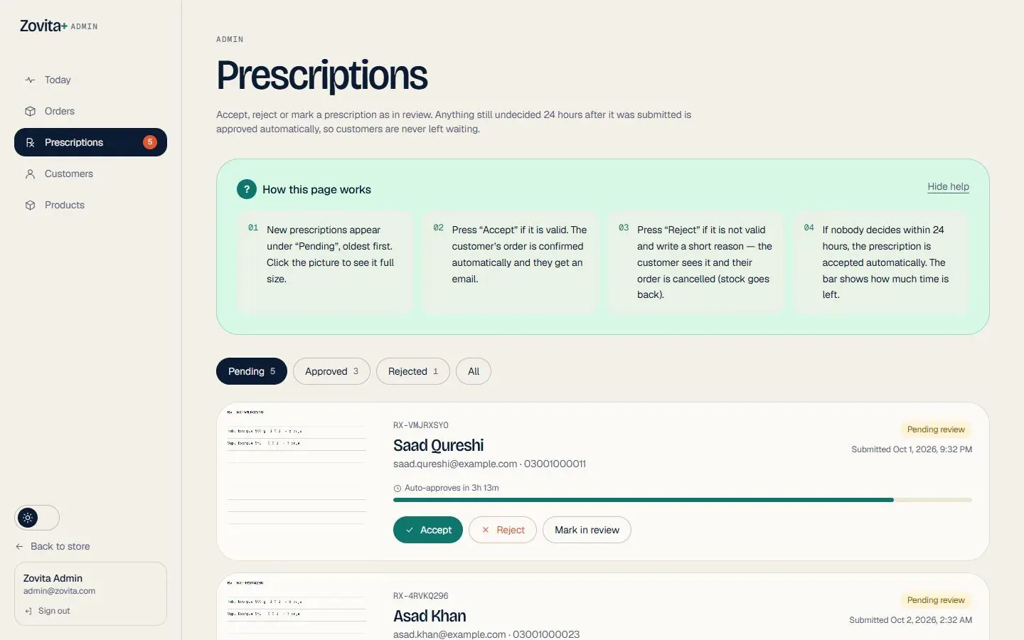 Prescription review — accept, reject, or auto-accept after 24 h