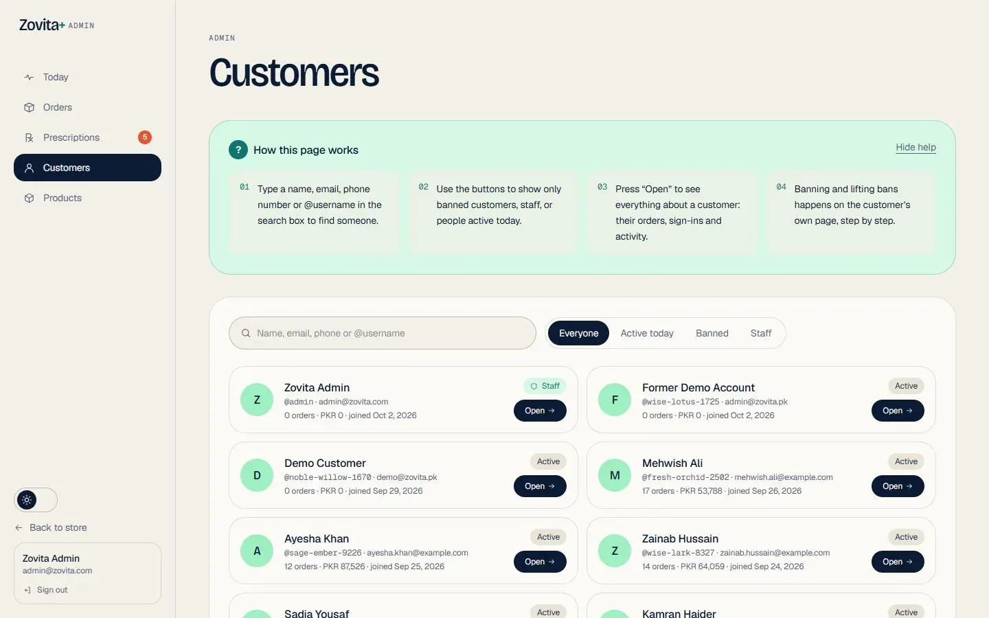 Customers — search, filters and status