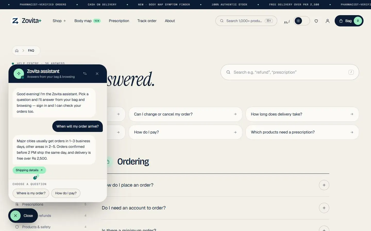 Assistant — preset questions, personal answers, no free text