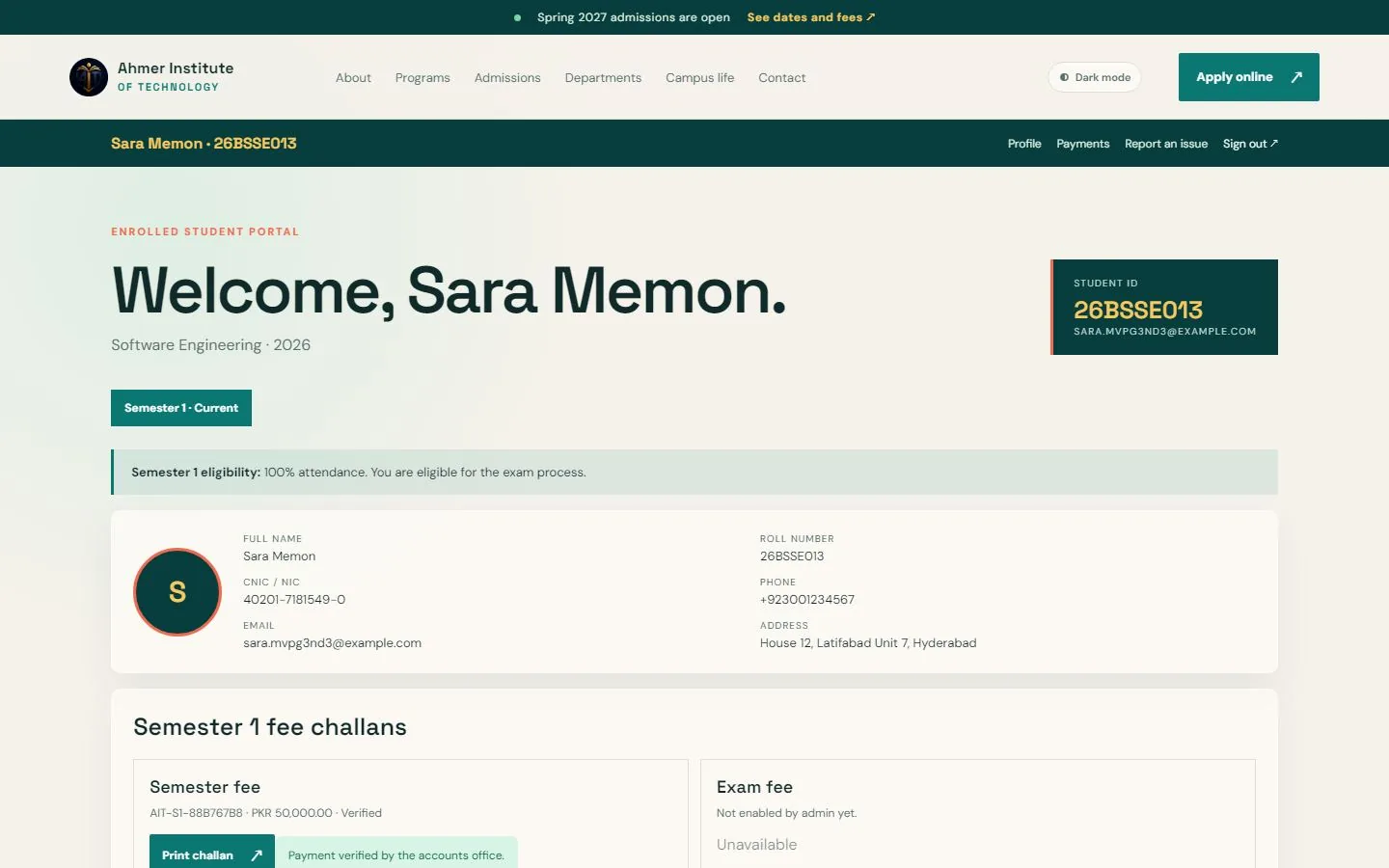 An enrolled student's dashboard: welcome message, student ID, attendance eligibility, profile details and the semester fee challans