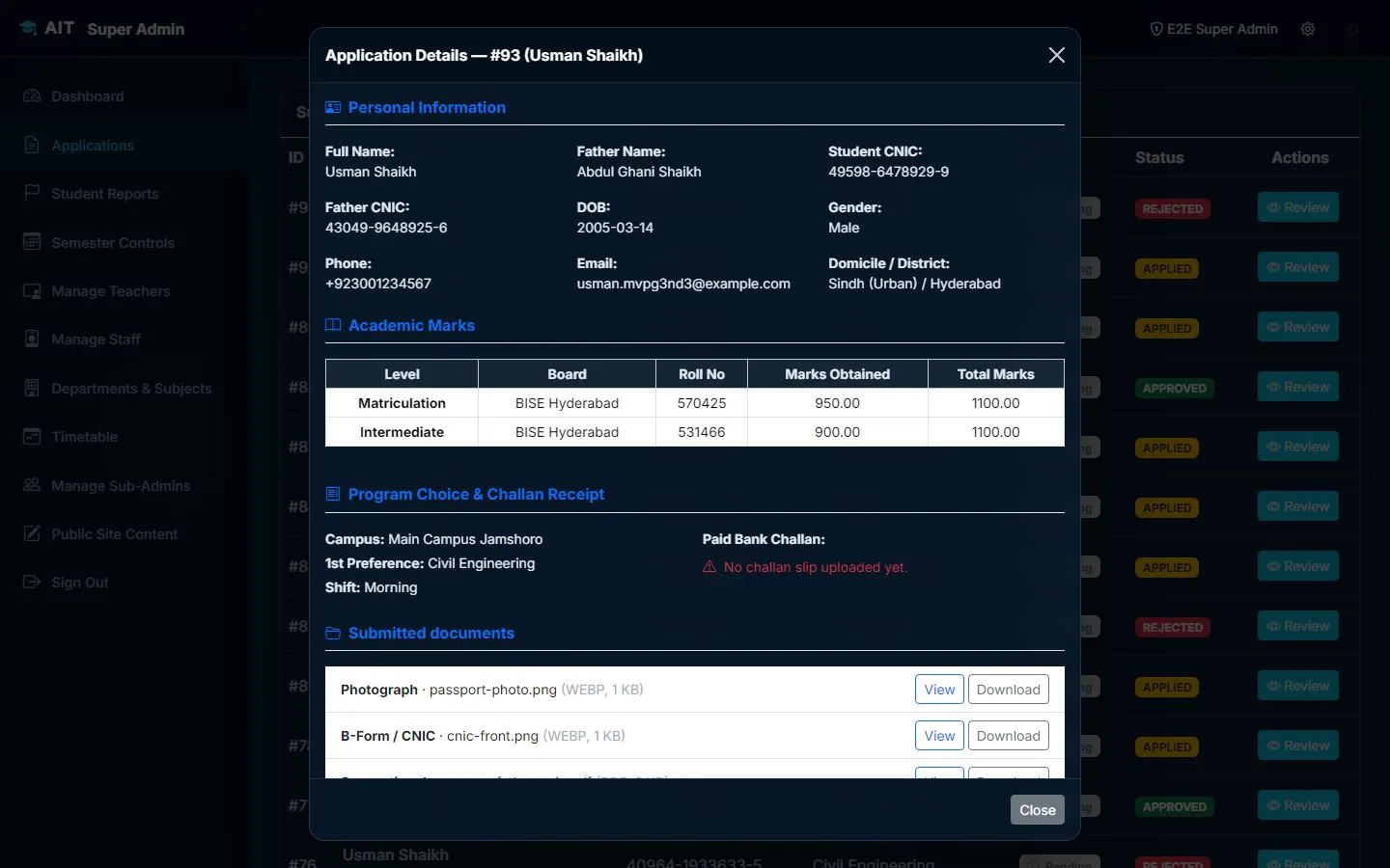 The admin review window for an applicant: personal details, academic marks, program choice and the list of submitted documents with View and Download buttons