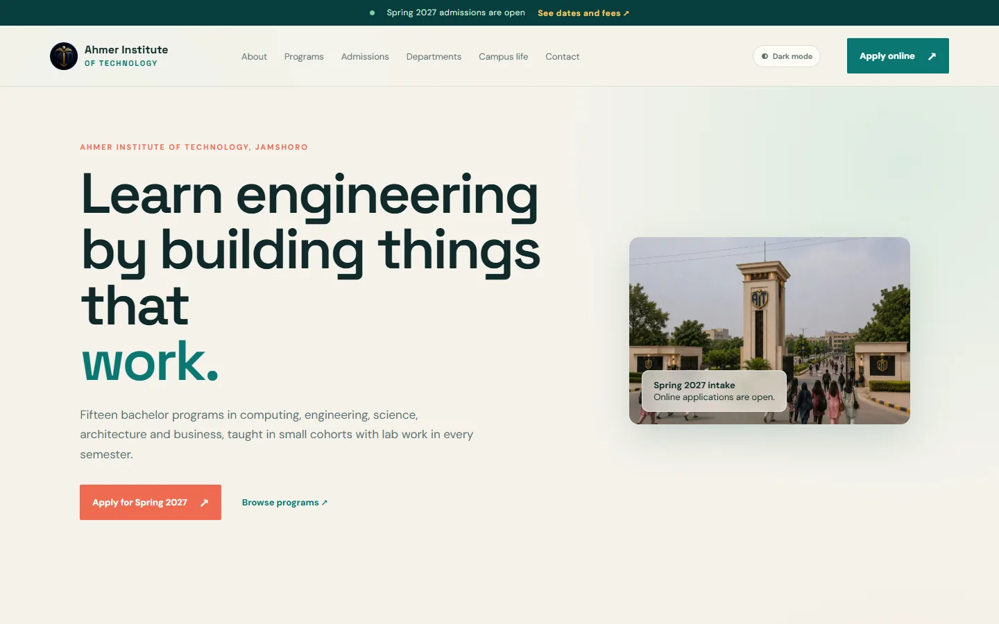 The AIT home page: Learn engineering by building things that work, with a photo of the campus gate and a Spring 2027 intake card