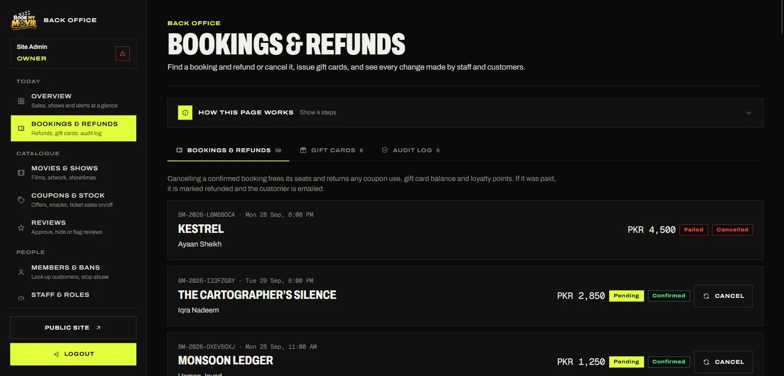 Bookings and refunds: recent bookings with their payment and booking status and a one-step cancel.