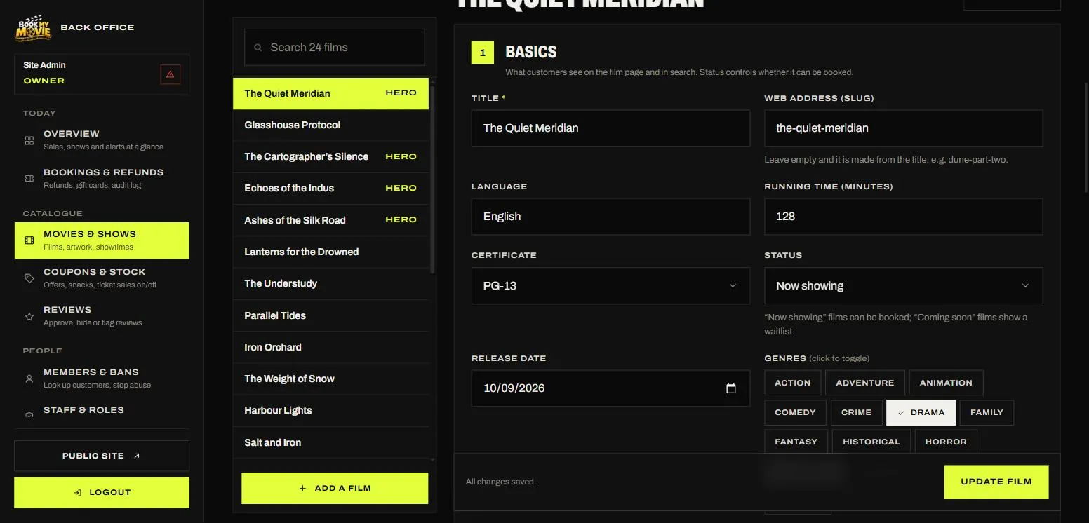 The film editor: a searchable film list on the left and numbered sections with example placeholders on the right.