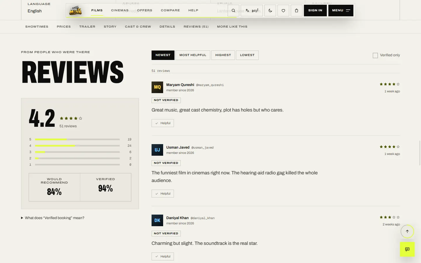 The same reviews in the light theme: rating breakdown, sort chips and verified-booking badges.