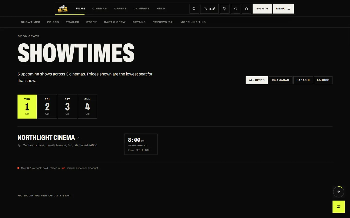 A film's showtimes: a date strip, city filters and each cinema's shows with the lowest seat price.