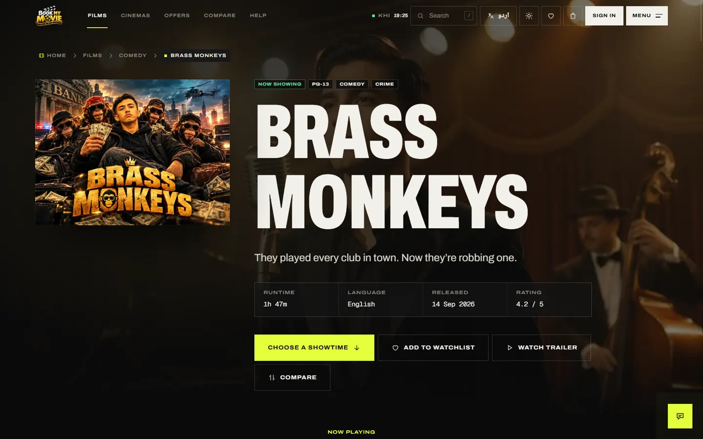 A film page: poster, rating and runtime, with Choose a showtime, Add to watchlist, Watch trailer and Compare, and the film's trailer playing behind it.