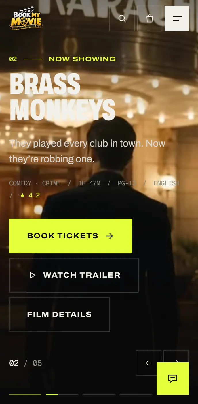 The home page on a phone: the trailer carousel with full-width Book tickets and Watch trailer buttons.