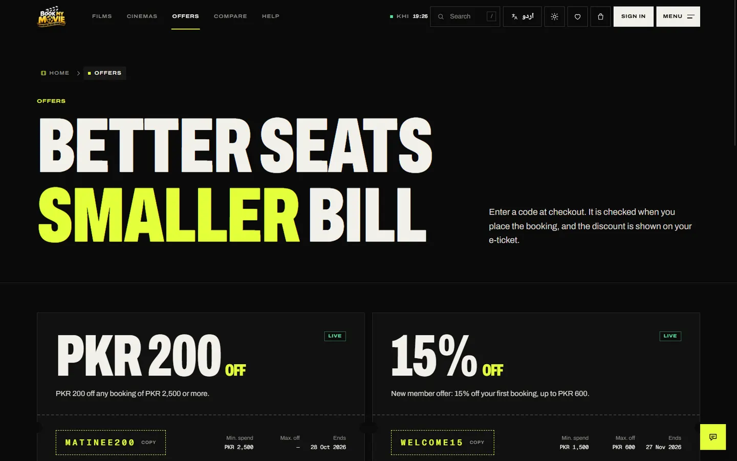 The offers page: live coupon codes with their minimum spend, maximum discount and end date.