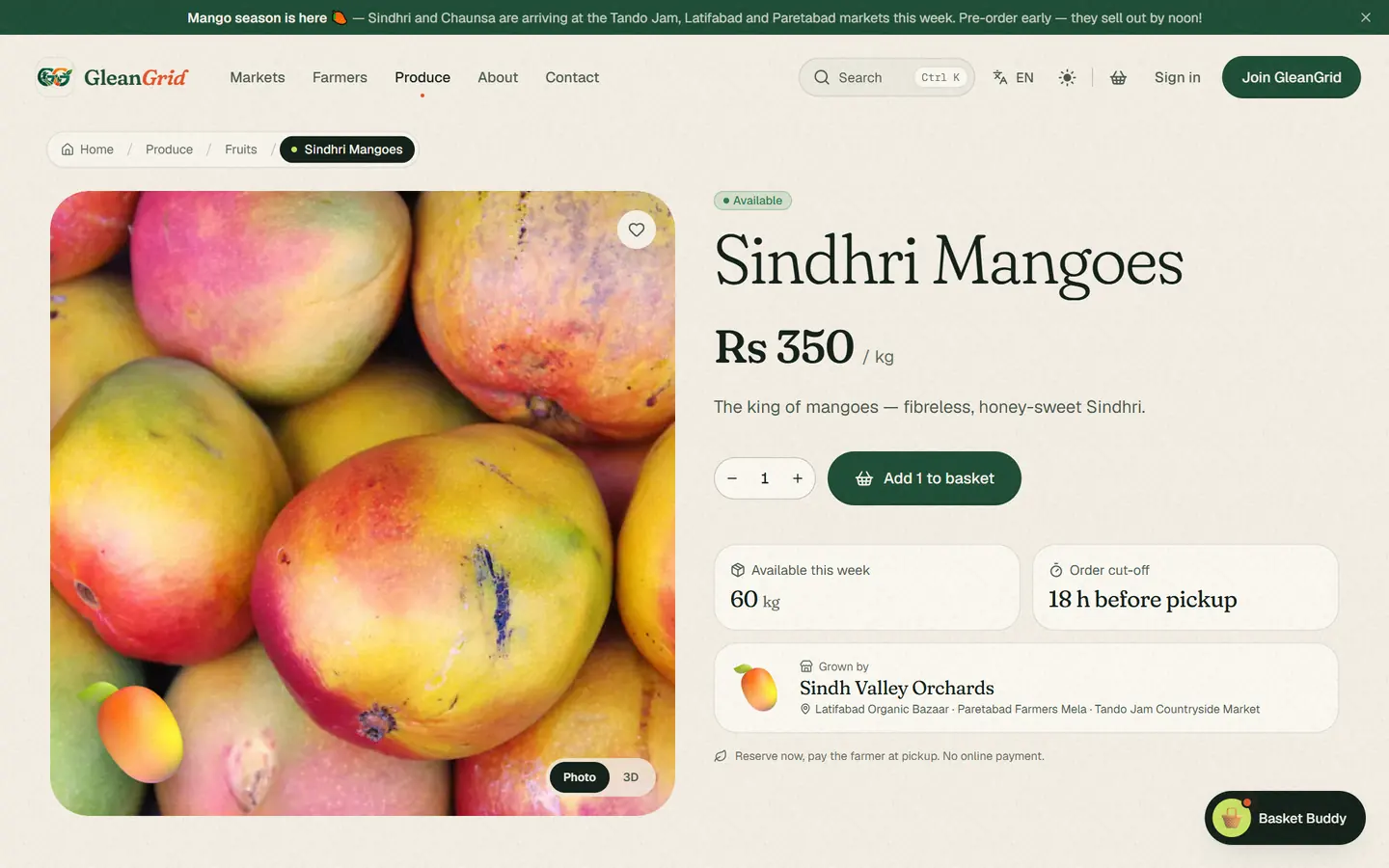 A product page with a real photo, the illustration as a sticker, stock, cut-off time and the farmer who grows it.