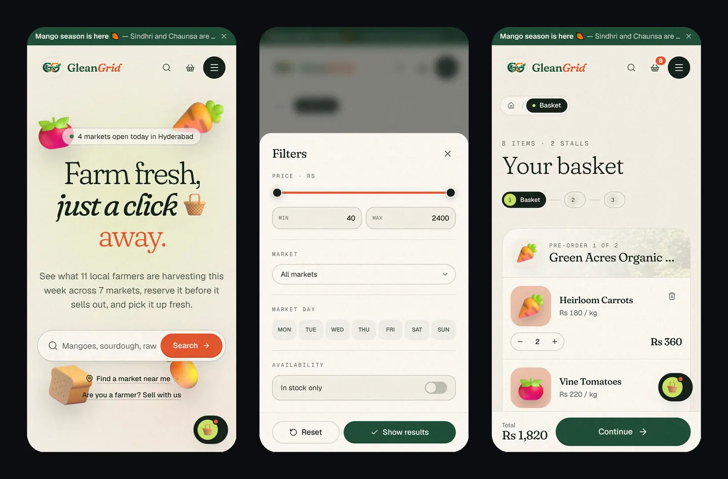 On a phone: the home page, the filter sheet and the basket with its sticky total.
