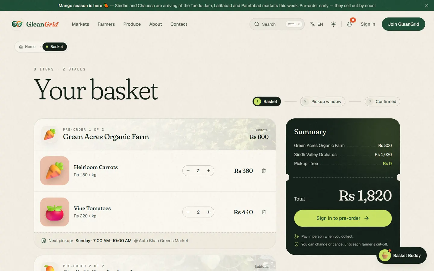 The basket: one pre-order per stall, the next pickup for each, and a ticket-style summary.