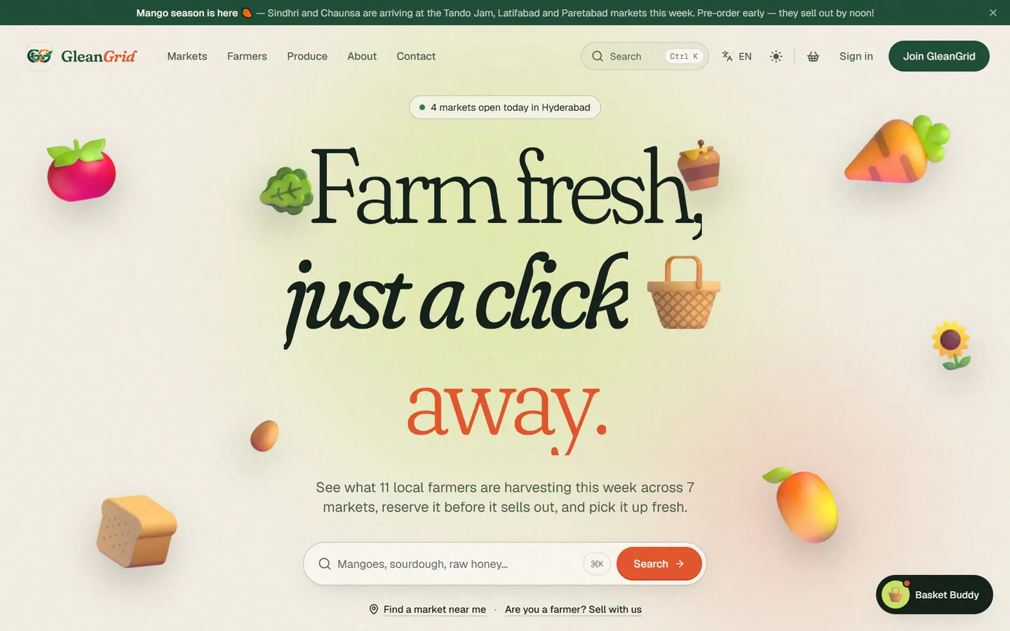 GleanGrid's home page: a live badge shows how many markets are open today, and the search jumps straight into this week's produce.