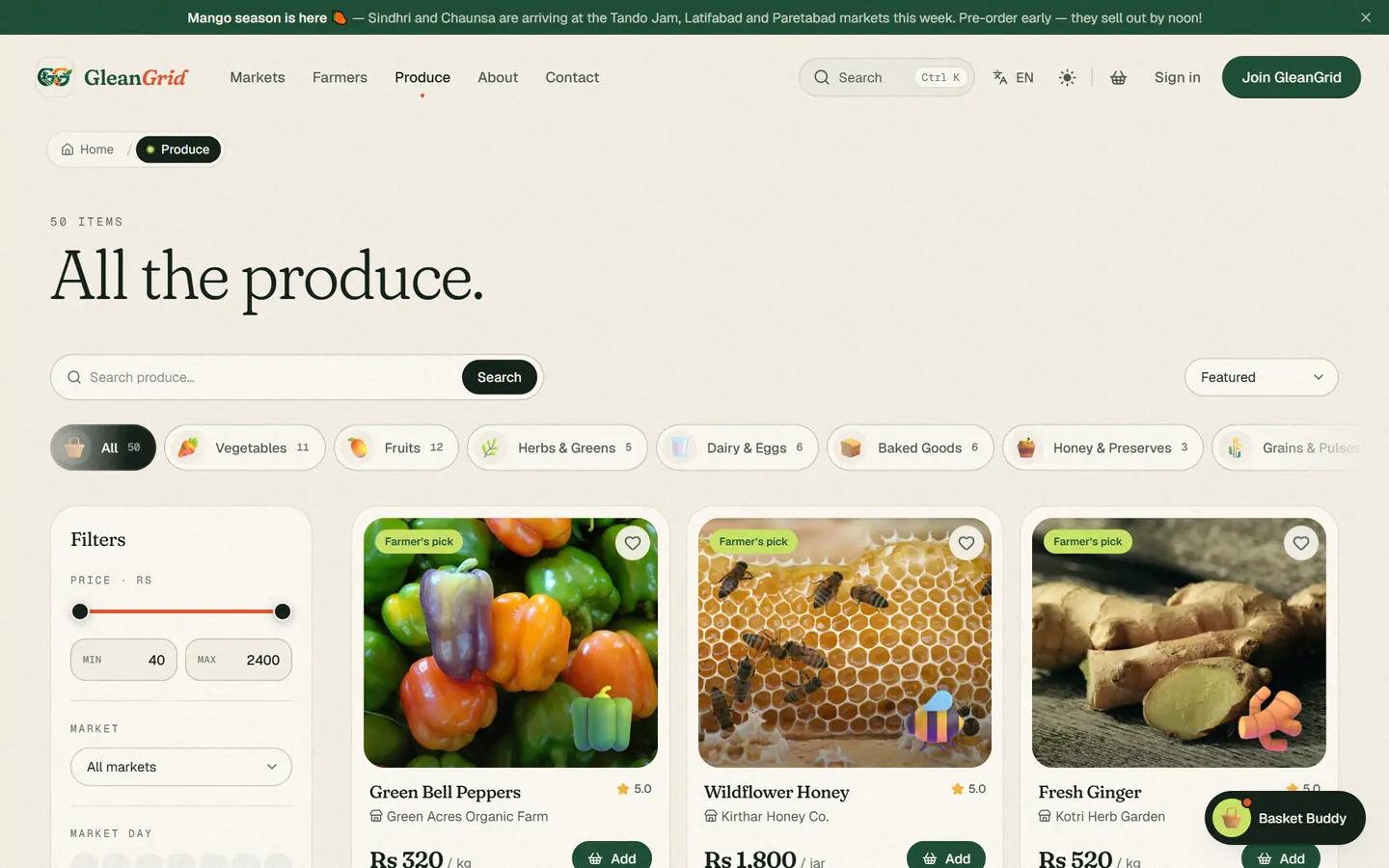 The produce page: a category rail with counts, a price slider, market and day filters, and real product photos with a 3D illustration on top.