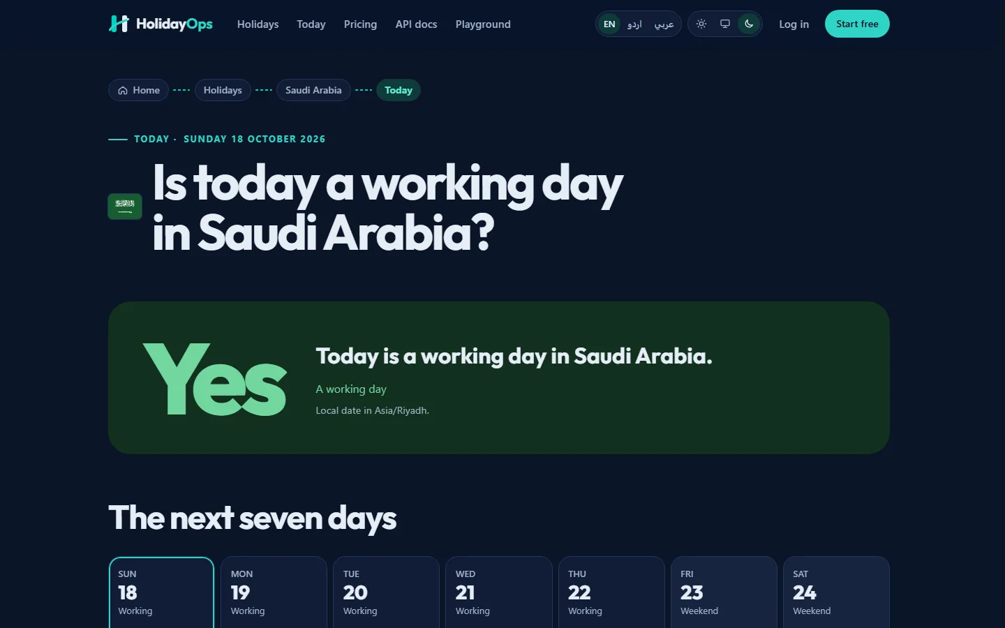 Saudi Arabia's today page: a large verdict, the next seven days and an embeddable widget