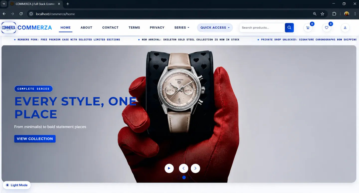 Commerza storefront homepage displaying a minimalist, high-end hero slider for premium products with clean navigation links and light mode active.