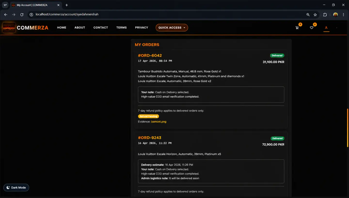 Customer order history dashboard within the Commerza user account profile showing order details, order IDs, and real-time high-value COD email verification status updates.