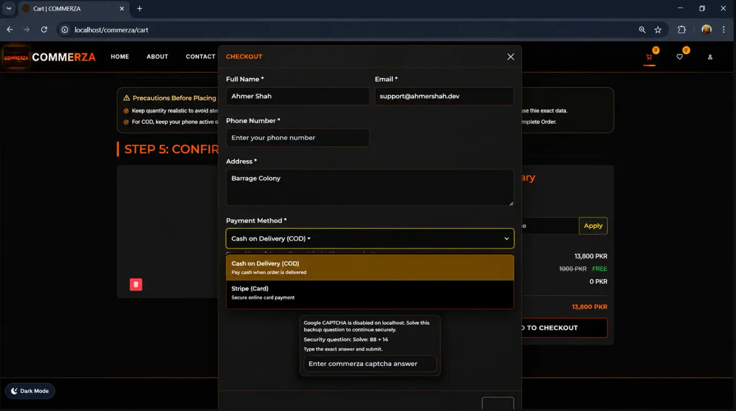 Commerza custom checkout system in dark mode showing form fields and a dynamic math security question fallback panel triggered on localhost when Google reCAPTCHA is inactive.
