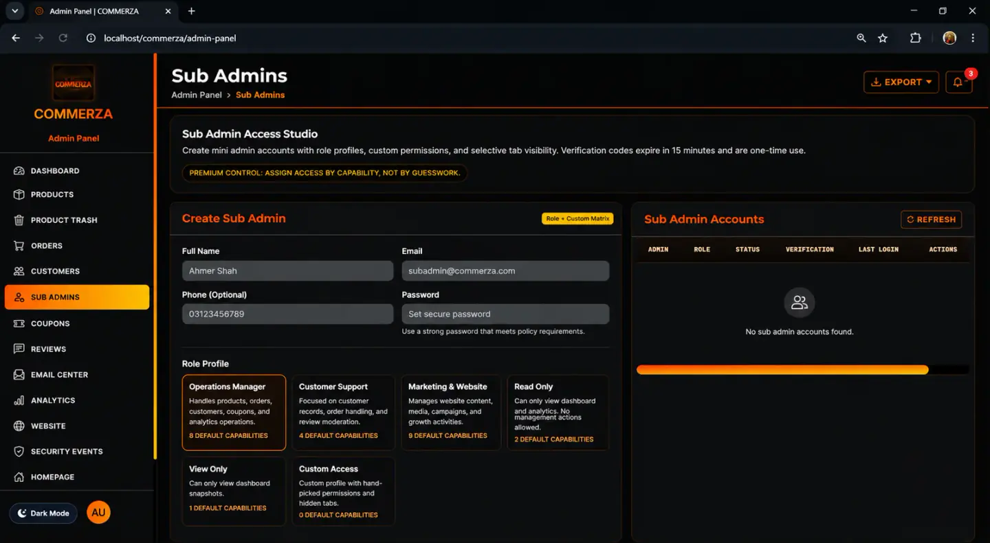 Commerza administrative management dashboard showing the custom sub-admin account creation wizard with modular role profiling options like Operations Manager and Customer Support.